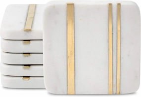 Cork & Mill Marble Coasters Set of 6 - Real Natural Stone - Luxury Aesthetic Square Coasters - Neutral White Marble with Gold Brass Inlay - Semi Absorbent Stone
