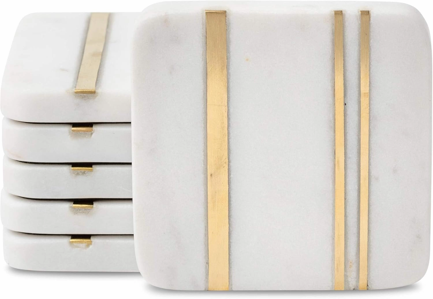 Cork & Mill Marble Coasters Set of 6 - Real Natural Stone - Luxury Aesthetic Square Coasters - Neutral White Marble with Gold Brass Inlay - Semi Absorbent Stone