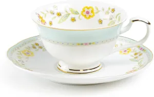 Corn Flowers with Colored Rim Fine Porcelain Tea Cup and Saucer (Mint Green)