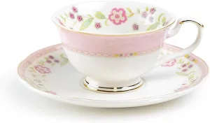 Corn Flowers with Colored Rim Fine Porcelain Tea Cup and Saucer (Pink)