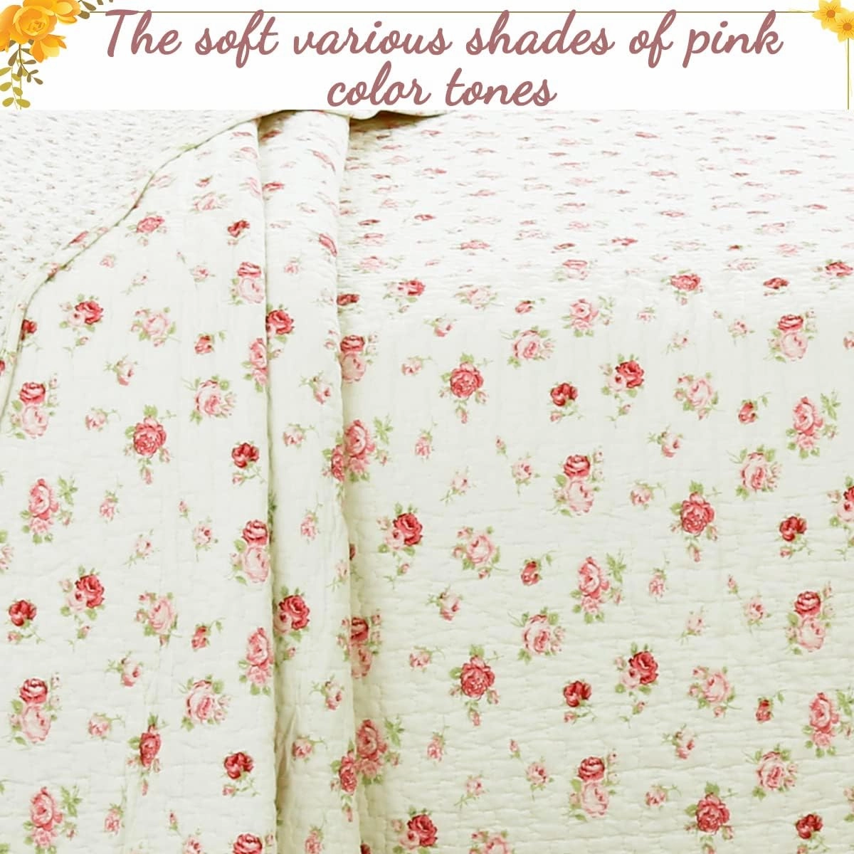 Cozy Line Home Fashions 100% Cotton 3 Piece Queen Quilt Bedding Set, Pink Rose Garden Floral Lightweight Reversible Coverlet Bedspread for All Season