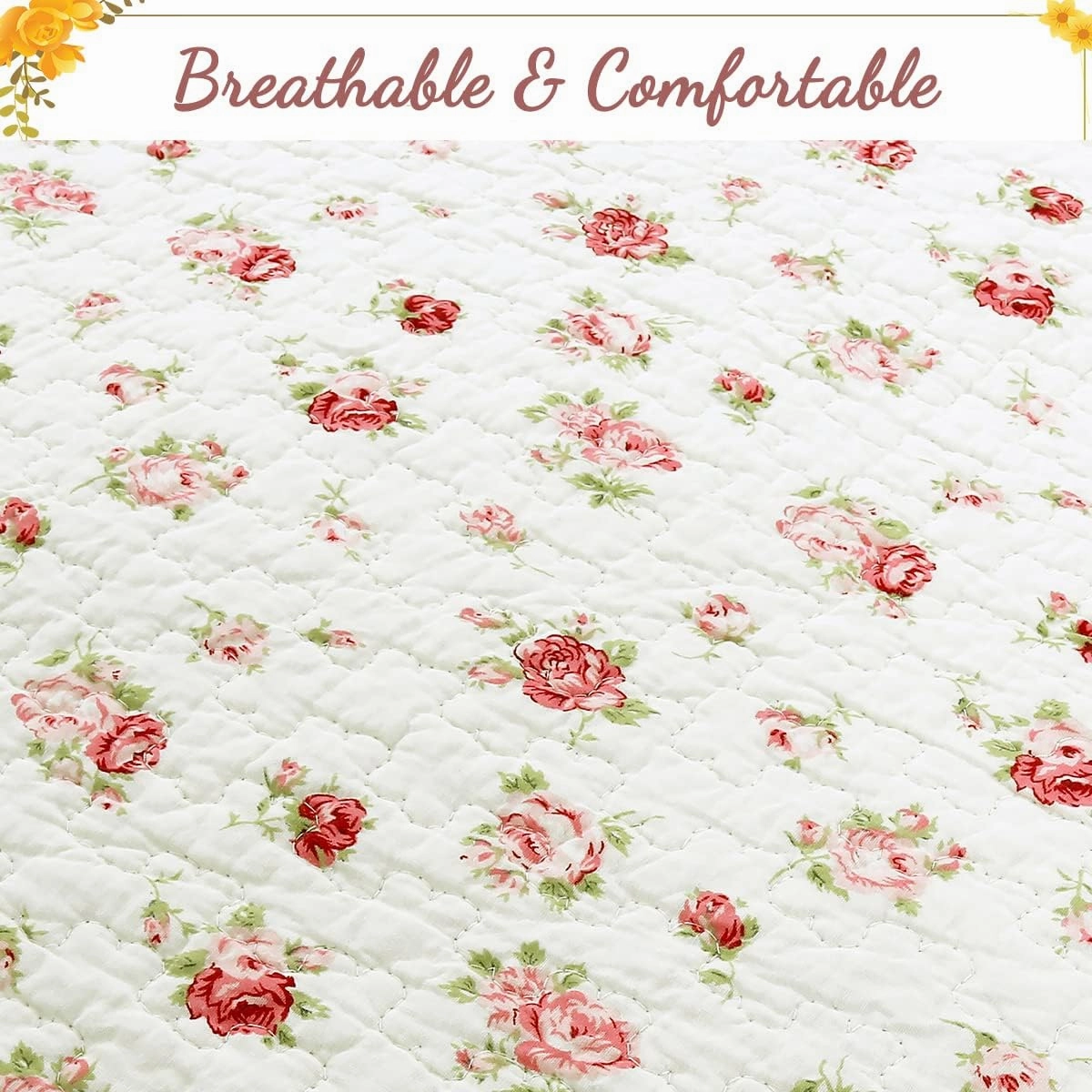 Cozy Line Home Fashions 100% Cotton 3 Piece Queen Quilt Bedding Set, Pink Rose Garden Floral Lightweight Reversible Coverlet Bedspread for All Season