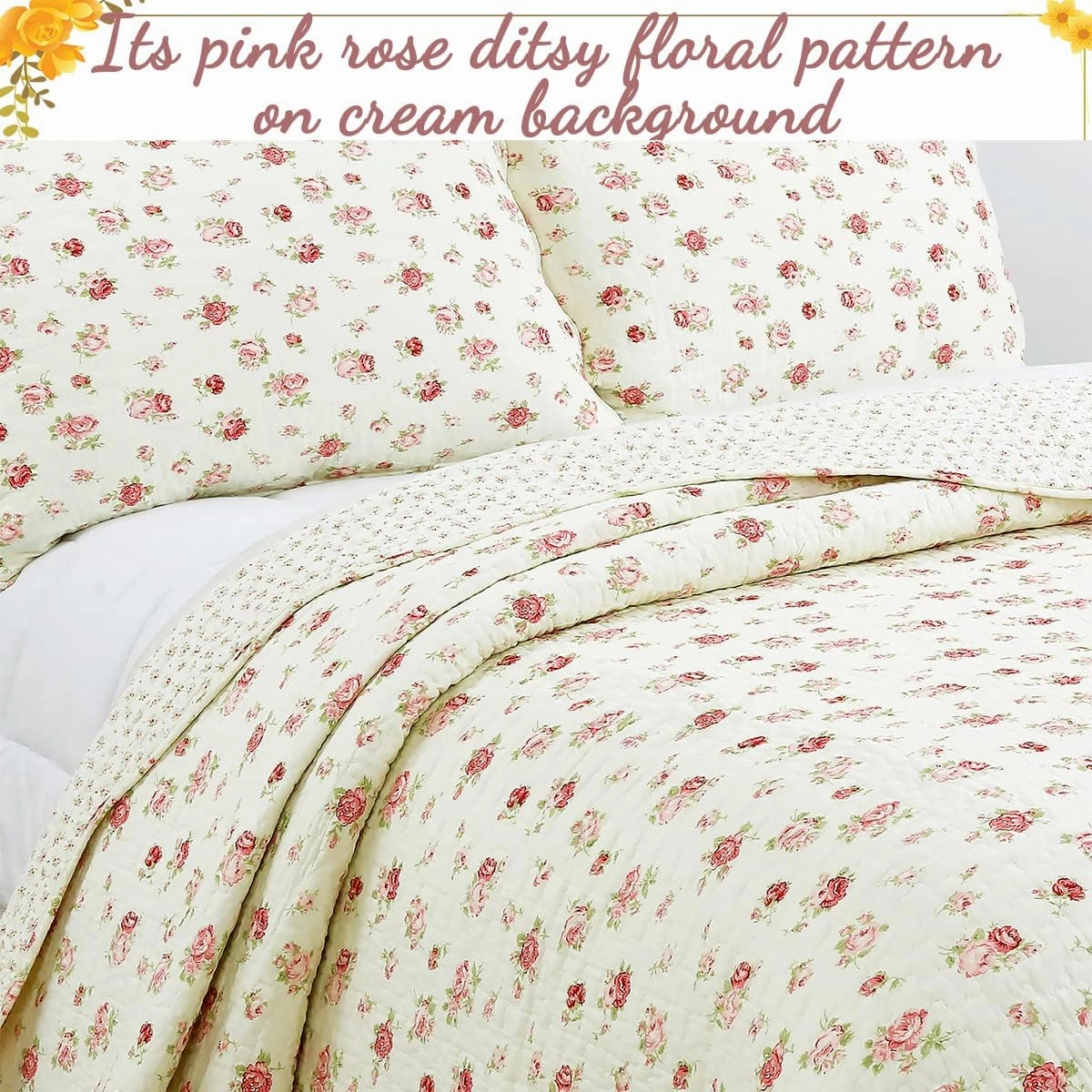 Cozy Line Home Fashions 100% Cotton 3 Piece Queen Quilt Bedding Set, Pink Rose Garden Floral Lightweight Reversible Coverlet Bedspread for All Season
