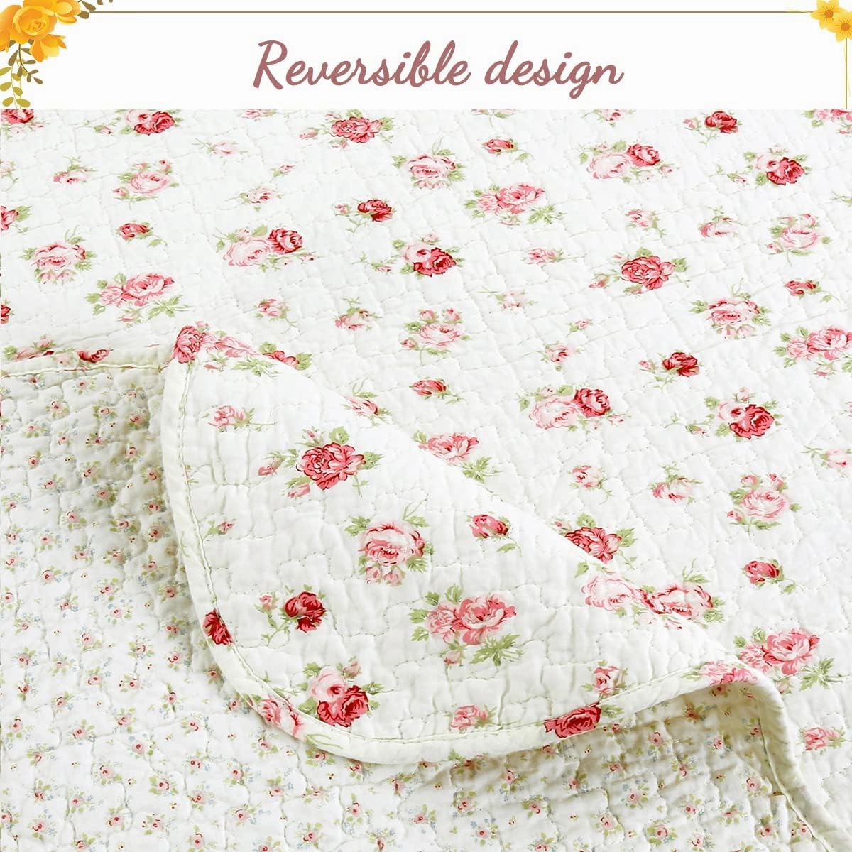 Cozy Line Home Fashions 100% Cotton 3 Piece Queen Quilt Bedding Set, Pink Rose Garden Floral Lightweight Reversible Coverlet Bedspread for All Season