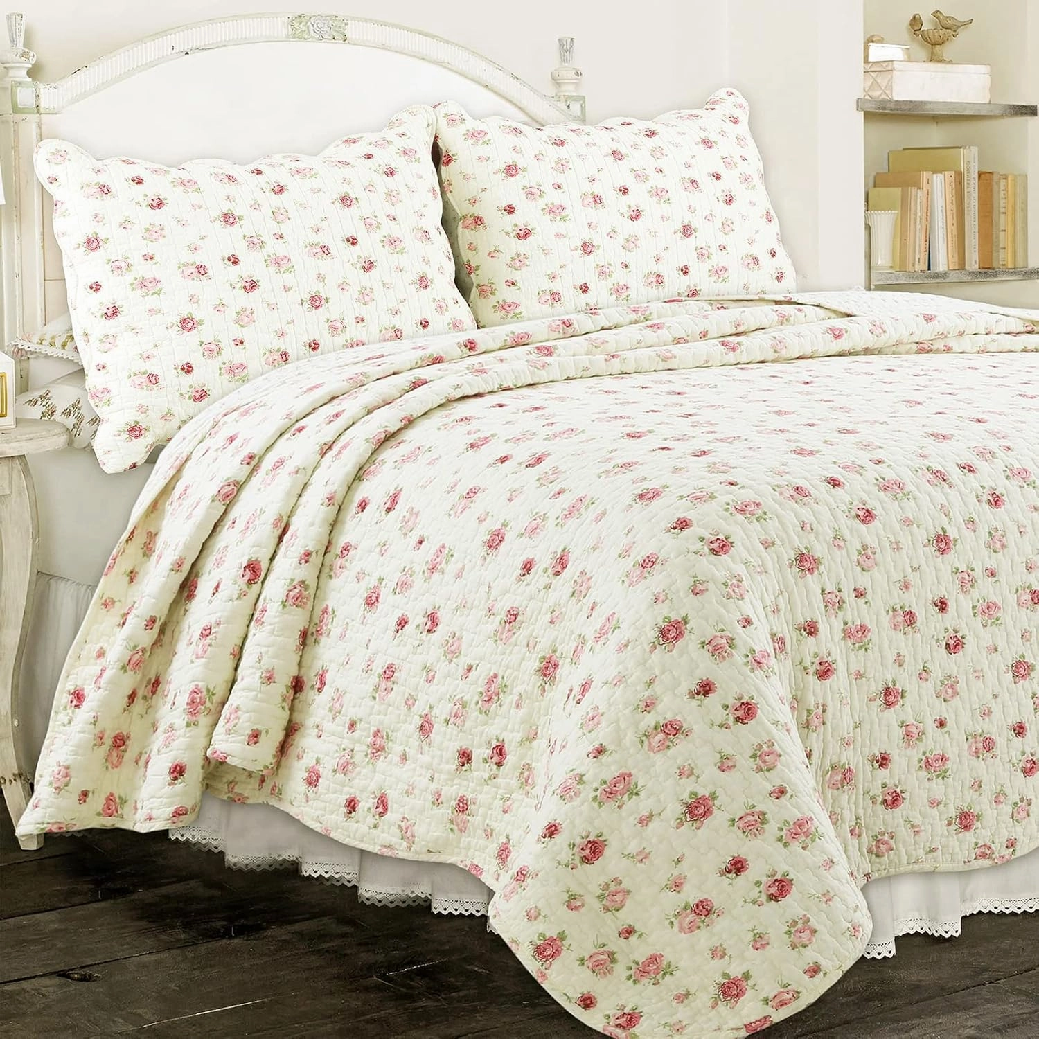 Cozy Line Home Fashions 100% Cotton 3 Piece Queen Quilt Bedding Set, Pink Rose Garden Floral Lightweight Reversible Coverlet Bedspread for All Season