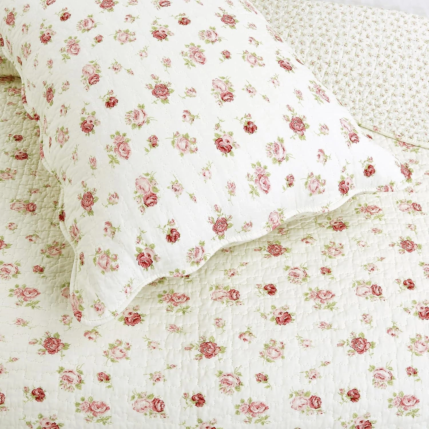 Cozy Line Home Fashions 100% Cotton 3 Piece Queen Quilt Bedding Set, Pink Rose Garden Floral Lightweight Reversible Coverlet Bedspread for All Season