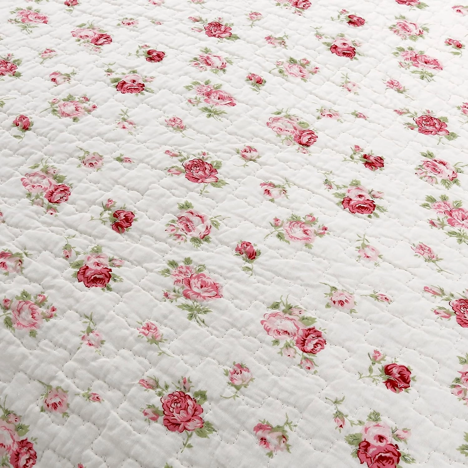 Cozy Line Home Fashions Pink Rose Garden Floral 100% Cotton Reversible Coverlet Bedspread Quilt Bedding Set (Ivory Rose, King - 3 Piece)