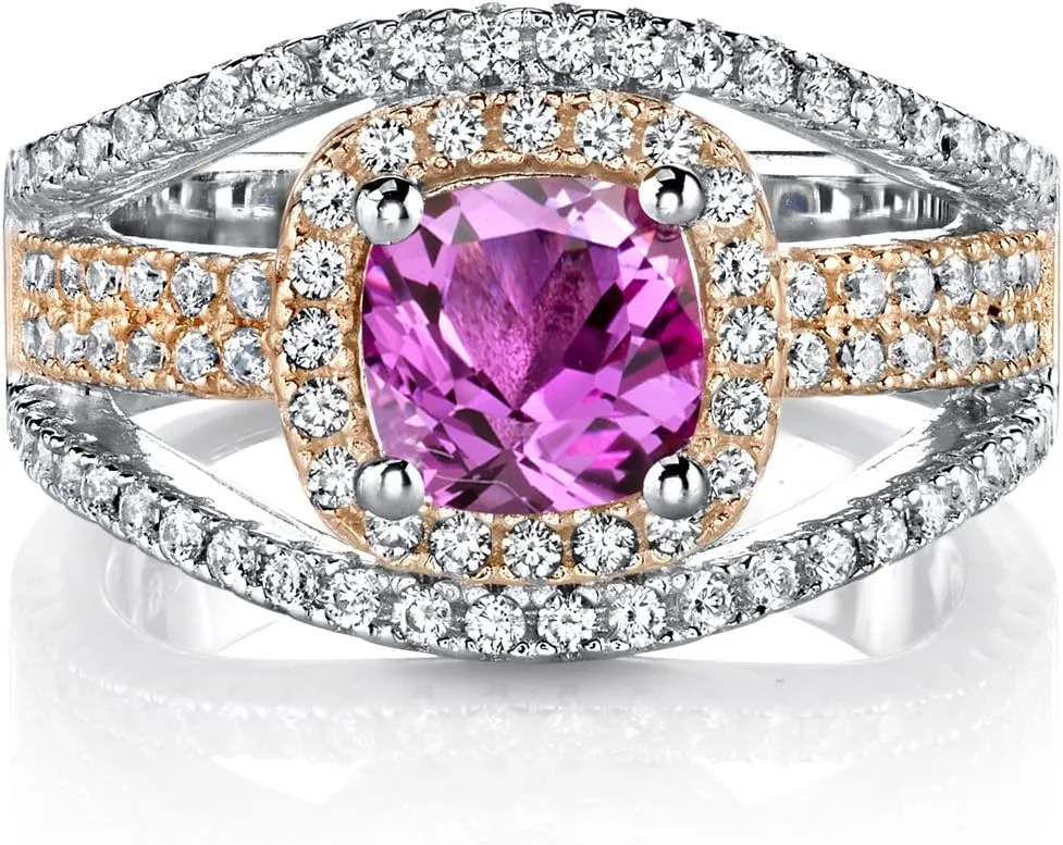 Created Pink Sapphire Cushion Cut Pave Rose Tone Ring Sterling Silver 1.25 Carats Sizes 5 to 9