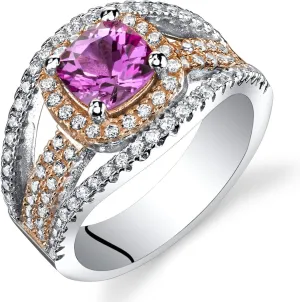 Created Pink Sapphire Cushion Cut Pave Rose Tone Ring Sterling Silver 1.25 Carats Sizes 5 to 9