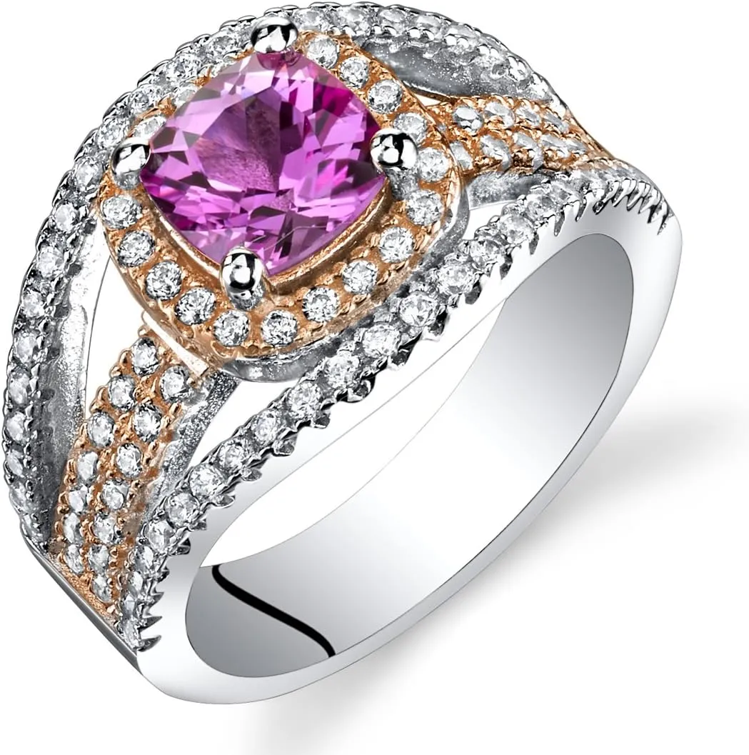 Created Pink Sapphire Cushion Cut Pave Rose Tone Ring Sterling Silver 1.25 Carats Sizes 5 to 9