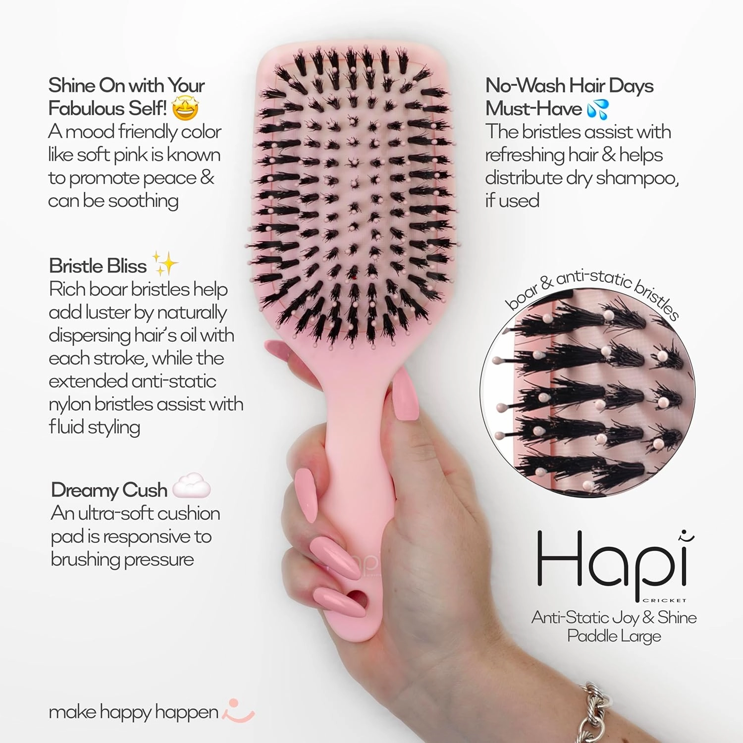 Cricket Hapi Anti-Static Joy & Shine Boar Paddle Brush - Ultra-Soft Cushion Pad, Rich, Dense Boar Flared Bristles, Detangling Hair Brush for Women, Men - Ideal for No-Wash Hair Days - Large, Soft Pink