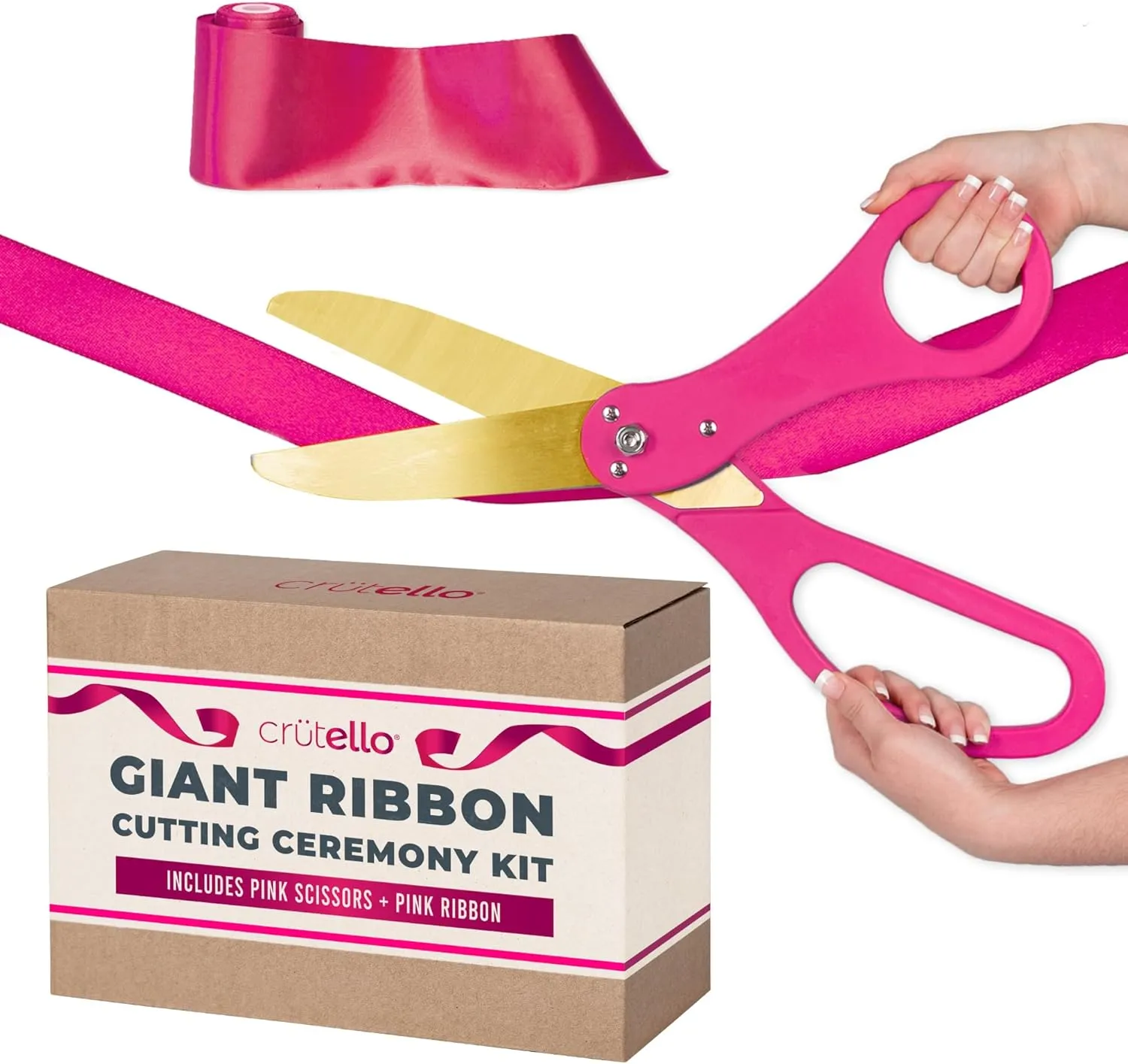 Crutello Giant Ribbon Cutting Ceremony Kit - 20" Large Gold Scissors Set with Pink Handle, Durable Big Scissor and 30 Feet of Oversized 4" Wide Pink Grand Opening Ribbon