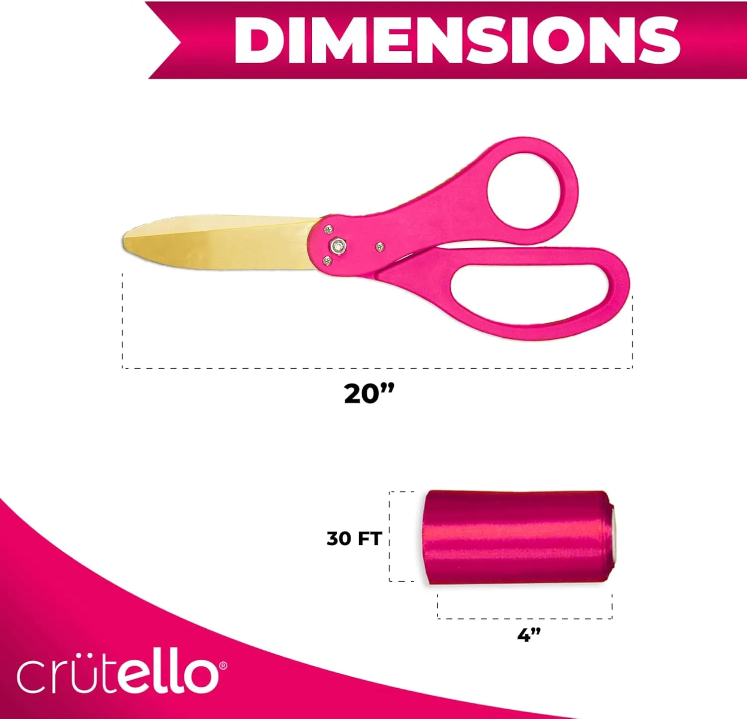 Crutello Giant Ribbon Cutting Ceremony Kit - 20" Large Gold Scissors Set with Pink Handle, Durable Big Scissor and 30 Feet of Oversized 4" Wide Pink Grand Opening Ribbon