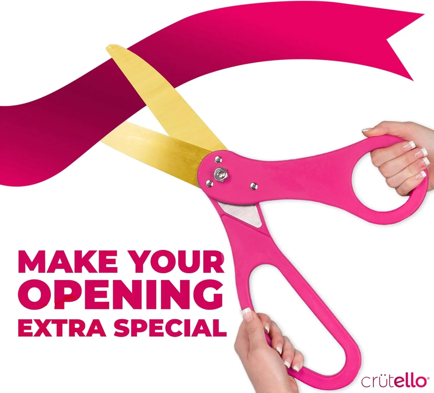 Crutello Giant Ribbon Cutting Ceremony Kit - 20" Large Gold Scissors Set with Pink Handle, Durable Big Scissor and 30 Feet of Oversized 4" Wide Pink Grand Opening Ribbon