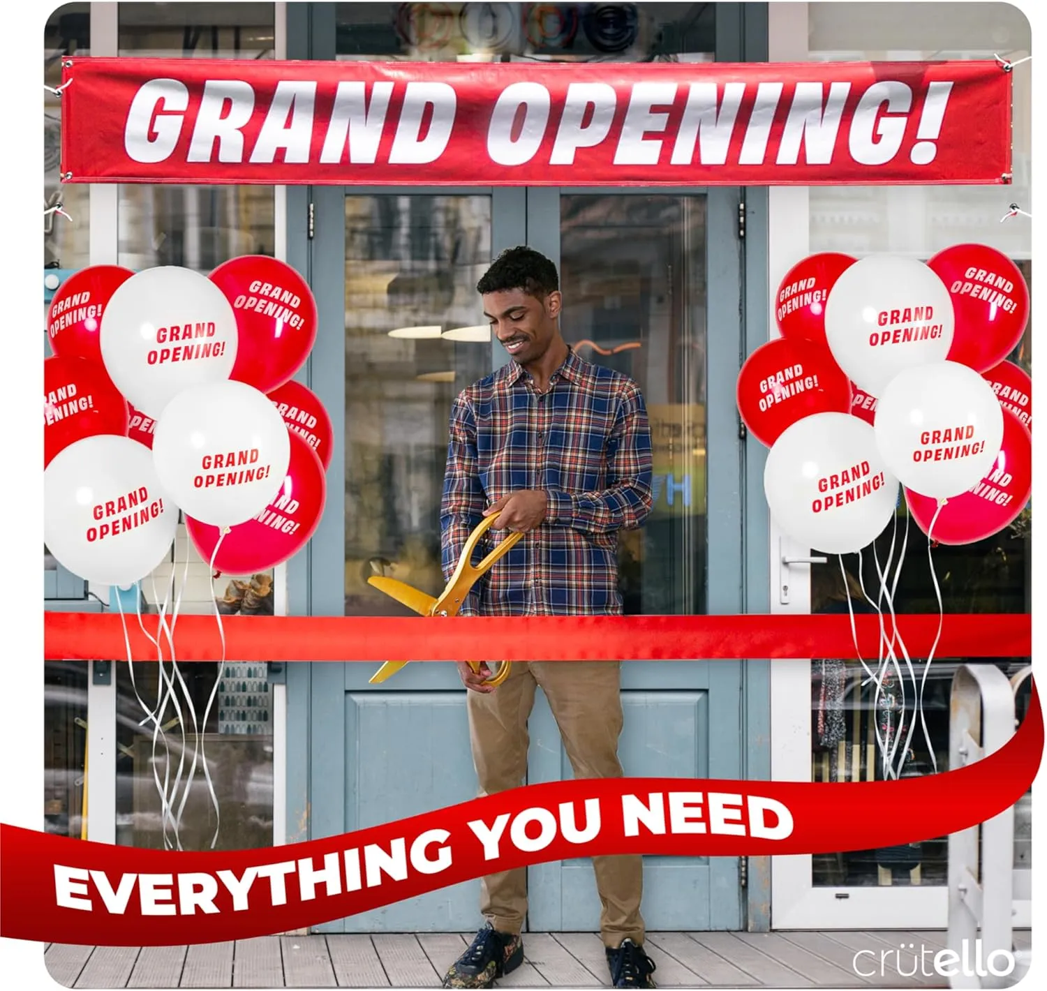 Crutello Ribbon Cutting Ceremony Kit - 21" Giant Gold Scissor with Grand Opening Banner and 30 Foot Large Red Ribbon 4" Wide, 20 Balloons, 90 ft Balloon Ribbons and 20 Feet Banner Rope for Decorations