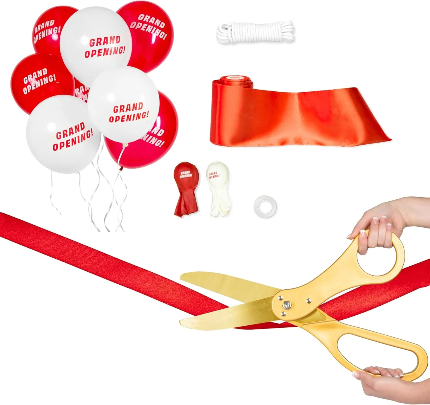 Crutello Ribbon Cutting Ceremony Kit - 21" Giant Gold Scissor with Grand Opening Banner and 30 Foot Large Red Ribbon 4" Wide, 20 Balloons, 90 ft Balloon Ribbons and 20 Feet Banner Rope for Decorations