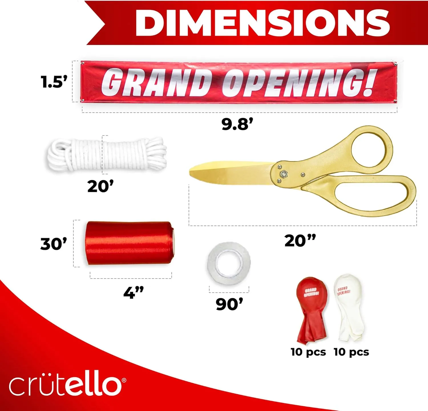Crutello Ribbon Cutting Ceremony Kit - 21" Giant Gold Scissor with Grand Opening Banner and 30 Foot Large Red Ribbon 4" Wide, 20 Balloons, 90 ft Balloon Ribbons and 20 Feet Banner Rope for Decorations
