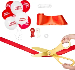 Crutello Ribbon Cutting Ceremony Kit - 21" Giant Gold Scissor with Grand Opening Banner and 30 Foot Large Red Ribbon 4" Wide, 20 Balloons, 90 ft Balloon Ribbons and 20 Feet Banner Rope for Decorations