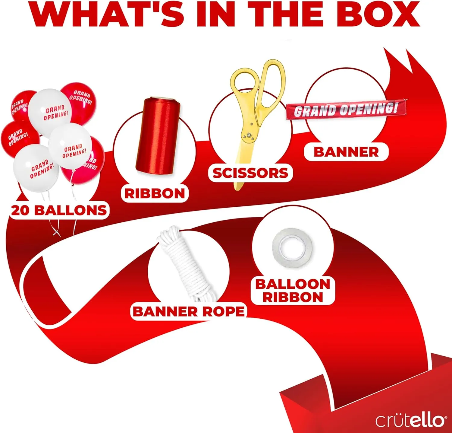 Crutello Ribbon Cutting Ceremony Kit - 21" Giant Gold Scissor with Grand Opening Banner and 30 Foot Large Red Ribbon 4" Wide, 20 Balloons, 90 ft Balloon Ribbons and 20 Feet Banner Rope for Decorations