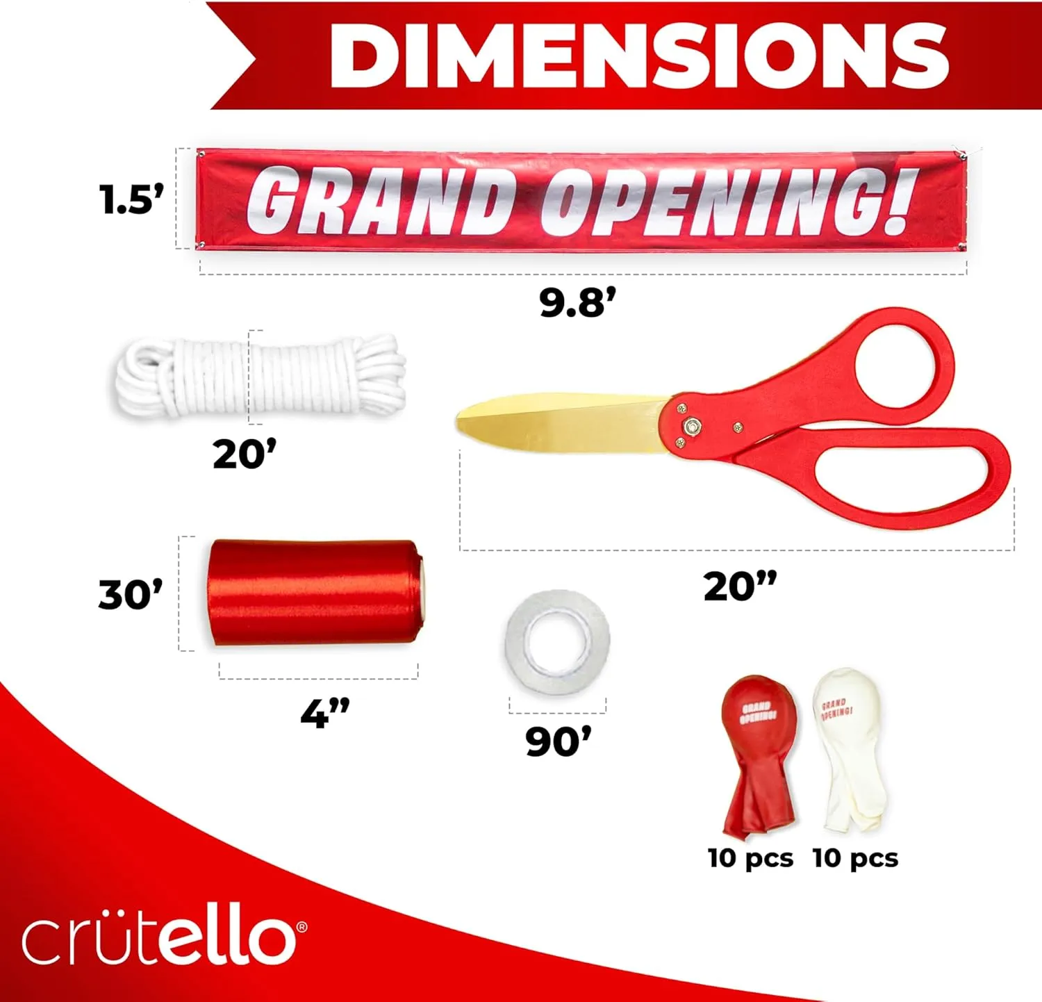 Crutello Ribbon Cutting Ceremony Kit - 21" Giant Red Scissors with Grand Opening Banner and 30 Foot Large Red Ribbon 4" Wide, 20 Balloons, 90 ft Balloon and 20 Feet Banner Rope for Decorations