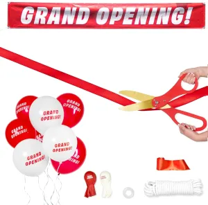Crutello Ribbon Cutting Ceremony Kit - 21" Giant Red Scissors with Grand Opening Banner and 30 Foot Large Red Ribbon 4" Wide, 20 Balloons, 90 ft Balloon and 20 Feet Banner Rope for Decorations