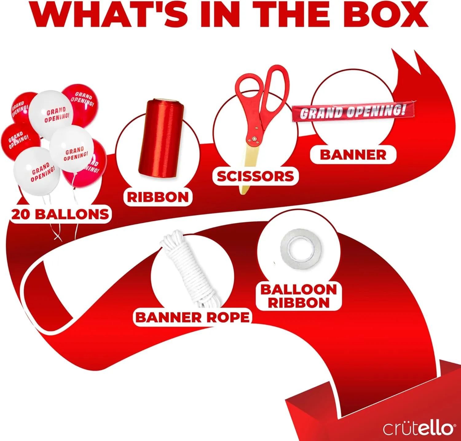 Crutello Ribbon Cutting Ceremony Kit - 21" Giant Red Scissors with Grand Opening Banner and 30 Foot Large Red Ribbon 4" Wide, 20 Balloons, 90 ft Balloon and 20 Feet Banner Rope for Decorations