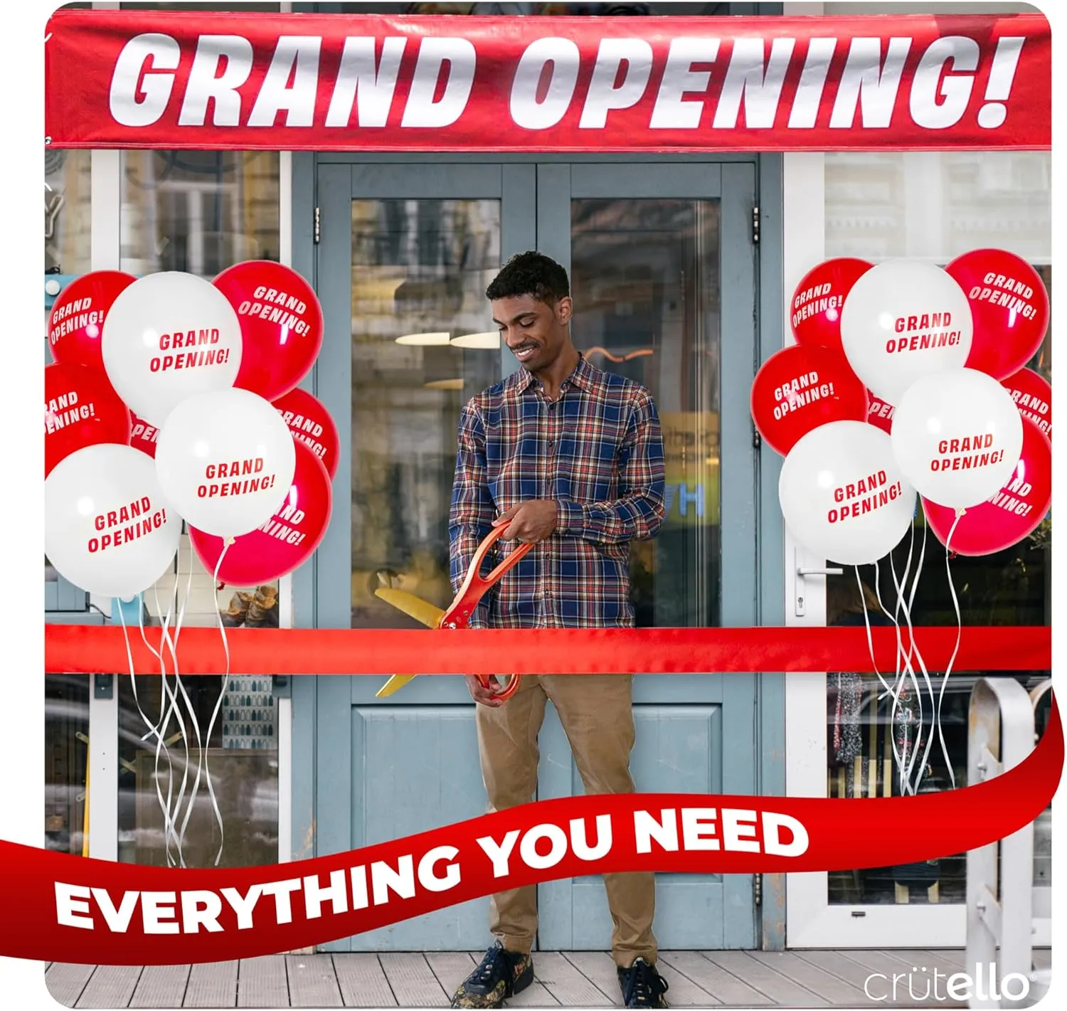 Crutello Ribbon Cutting Ceremony Kit - 21" Giant Red Scissors with Grand Opening Banner and 30 Foot Large Red Ribbon 4" Wide, 20 Balloons, 90 ft Balloon and 20 Feet Banner Rope for Decorations