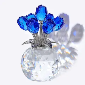 Crystal Blue Rose Bouquet Figurine with Round Vase, Glass Rose Flower Romantic Gifts for Women Sister on Birthday, Collectible Decoration Table Centerpiece for Home