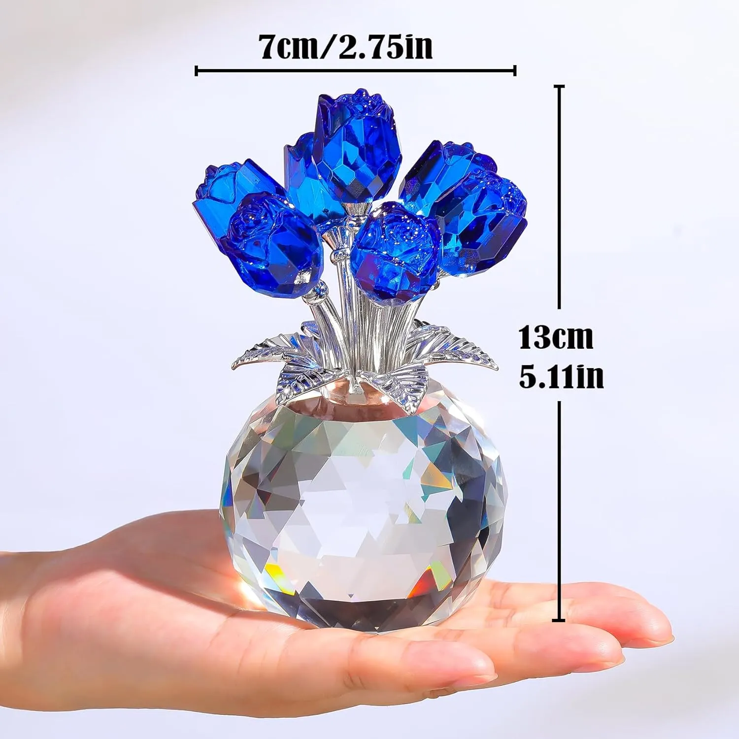 Crystal Blue Rose Bouquet Figurine with Round Vase, Glass Rose Flower Romantic Gifts for Women Sister on Birthday, Collectible Decoration Table Centerpiece for Home