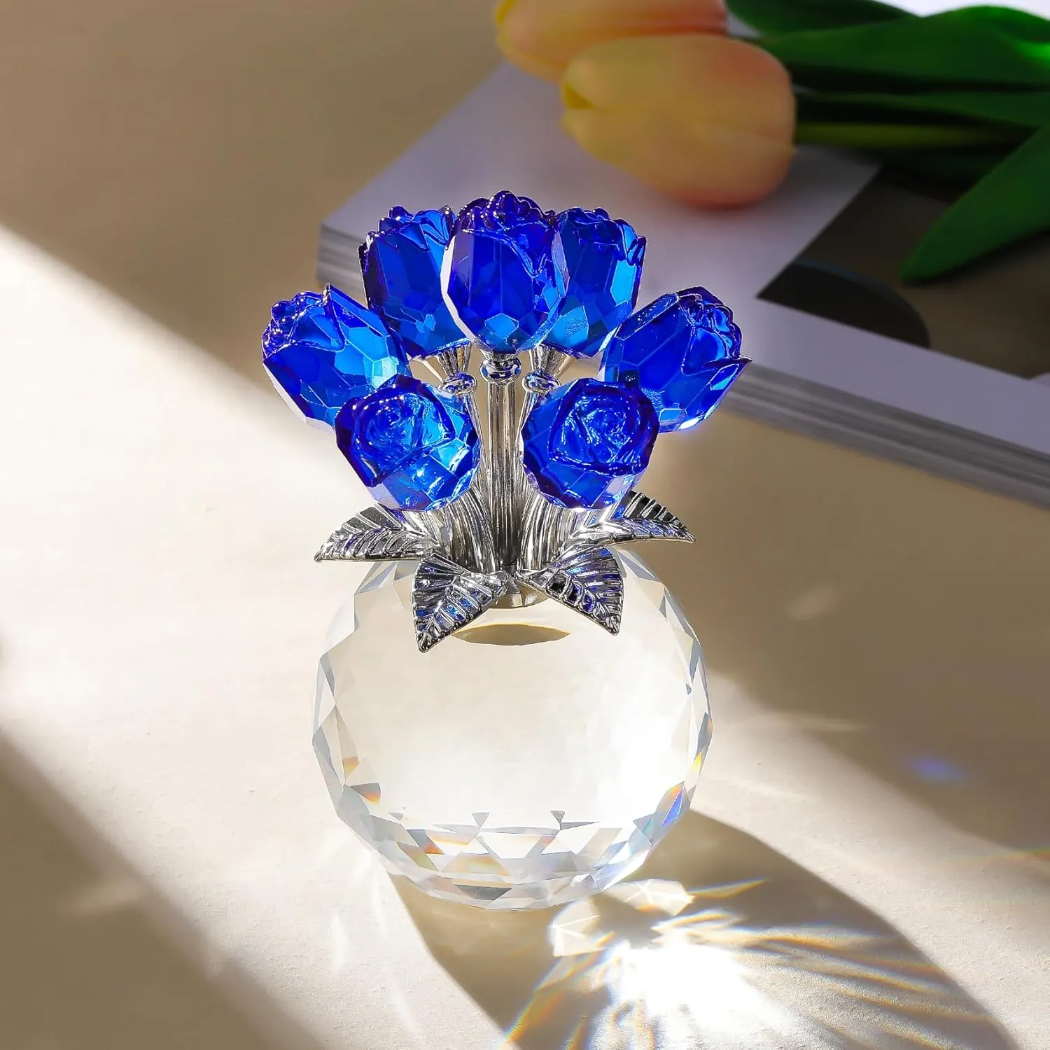 Crystal Blue Rose Bouquet Figurine with Round Vase, Glass Rose Flower Romantic Gifts for Women Sister on Birthday, Collectible Decoration Table Centerpiece for Home