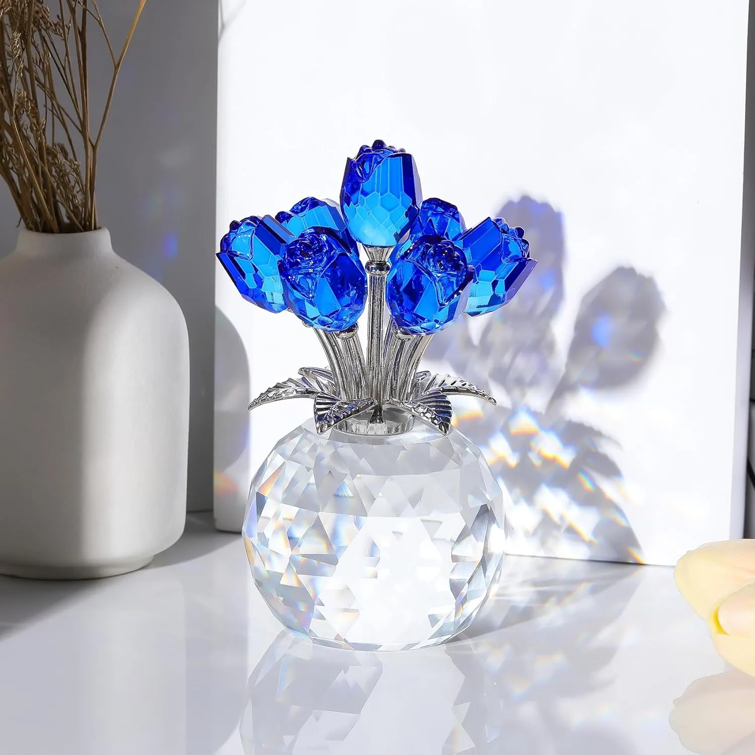 Crystal Blue Rose Bouquet Figurine with Round Vase, Glass Rose Flower Romantic Gifts for Women Sister on Birthday, Collectible Decoration Table Centerpiece for Home