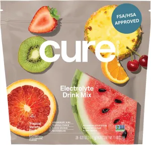 Cure Hydration | Plant-Based Electrolyte Drink Mix | No Added Sugar | FSA & HSA | Dehydration Relief Powder Made with Coconut Water | Non-GMO | Vegan | 28 Packets - Tropical Variety Pack