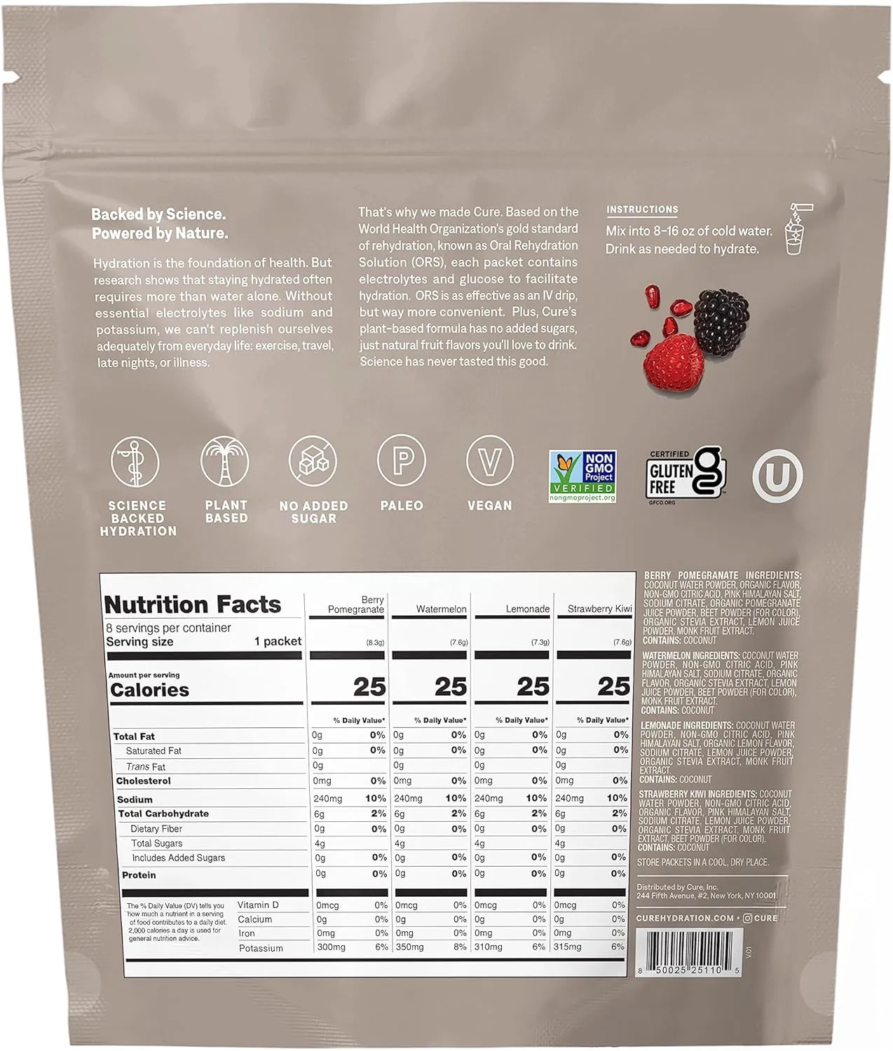 Cure Hydration | Plant-Based Electrolyte Drink Mix | No Added Sugar | FSA & HSA | Dehydration Relief Powder Made with Coconut Water | Non-GMO | Vegan | 8 Packets - Variety Pack
