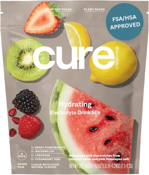 Cure Hydration | Plant-Based Electrolyte Drink Mix | No Added Sugar | FSA & HSA | Dehydration Relief Powder Made with Coconut Water | Non-GMO | Vegan | 8 Packets - Variety Pack