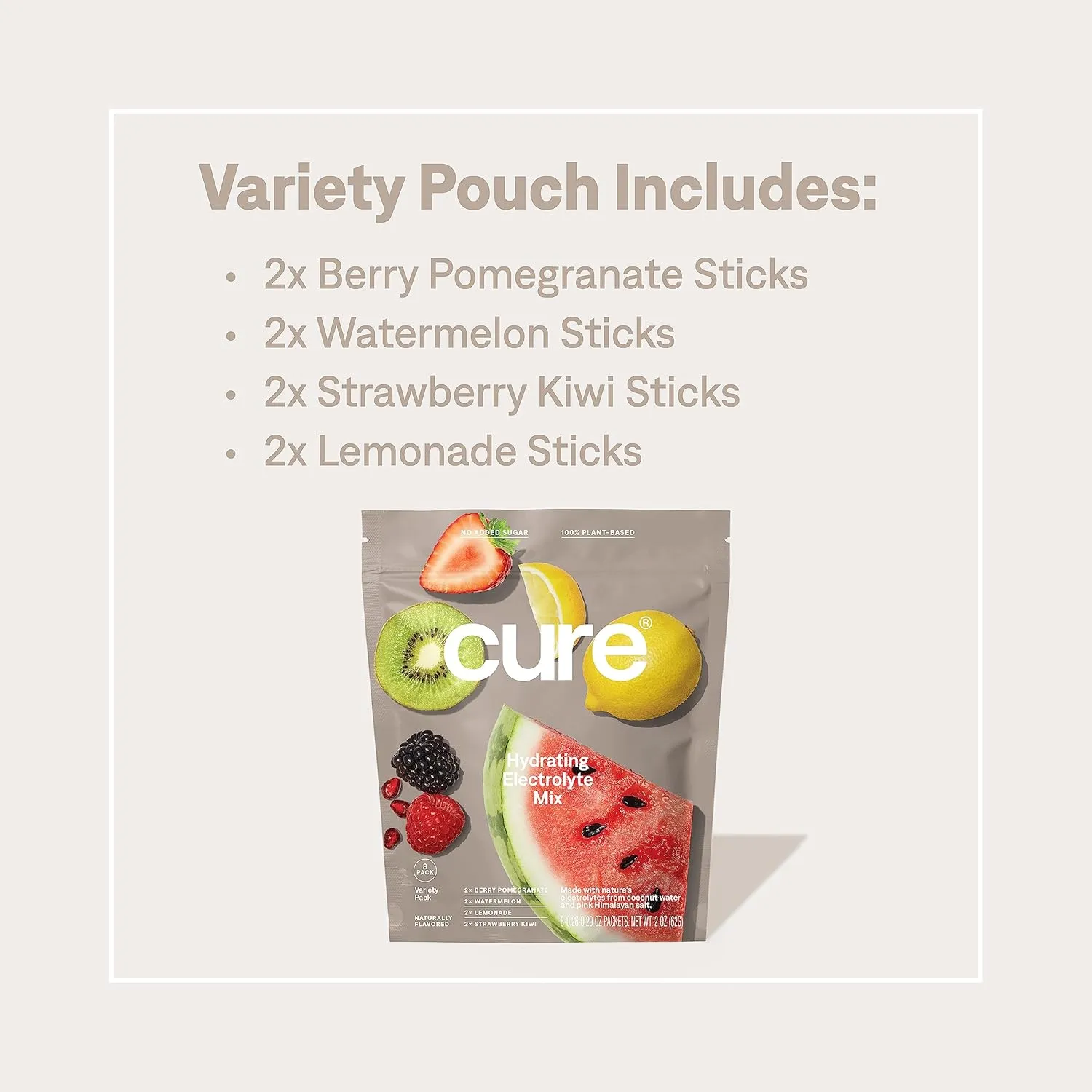 Cure Hydration | Plant-Based Electrolyte Drink Mix | No Added Sugar | FSA & HSA | Dehydration Relief Powder Made with Coconut Water | Non-GMO | Vegan | 8 Packets - Variety Pack