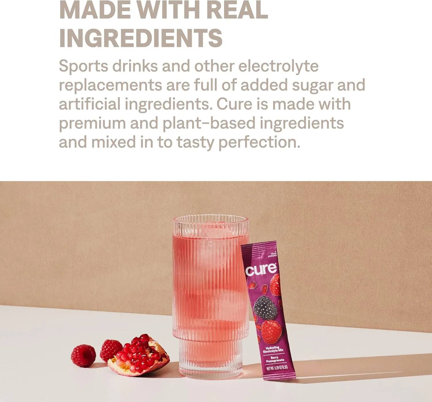 Cure Hydration | Plant-Based Electrolyte Drink Mix | No Added Sugar | FSA & HSA | Dehydration Relief Powder Made with Coconut Water | Non-GMO | Vegan | Pouch of 14 Packets - Berry Pomegranate
