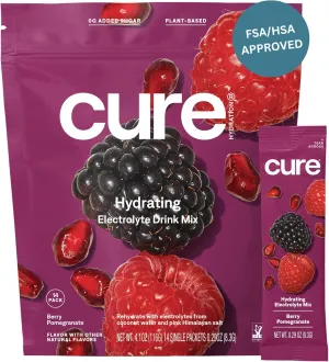 Cure Hydration | Plant-Based Electrolyte Drink Mix | No Added Sugar | FSA & HSA | Dehydration Relief Powder Made with Coconut Water | Non-GMO | Vegan | Pouch of 14 Packets - Berry Pomegranate