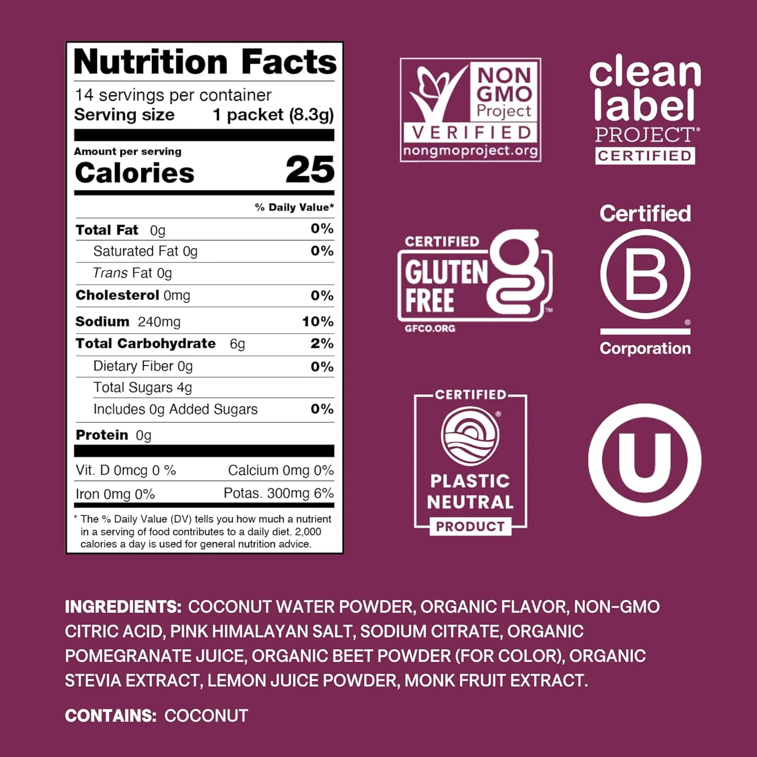 Cure Hydration | Plant-Based Electrolyte Drink Mix | No Added Sugar | FSA & HSA | Dehydration Relief Powder Made with Coconut Water | Non-GMO | Vegan | Pouch of 14 Packets - Berry Pomegranate