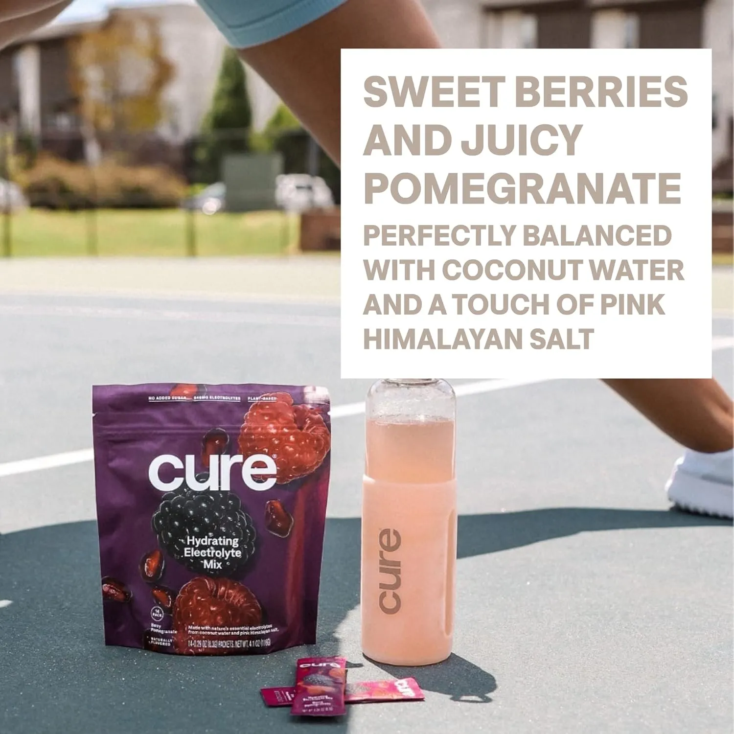 Cure Hydration | Plant-Based Electrolyte Drink Mix | No Added Sugar | FSA & HSA | Dehydration Relief Powder Made with Coconut Water | Non-GMO | Vegan | Pouch of 14 Packets - Berry Pomegranate