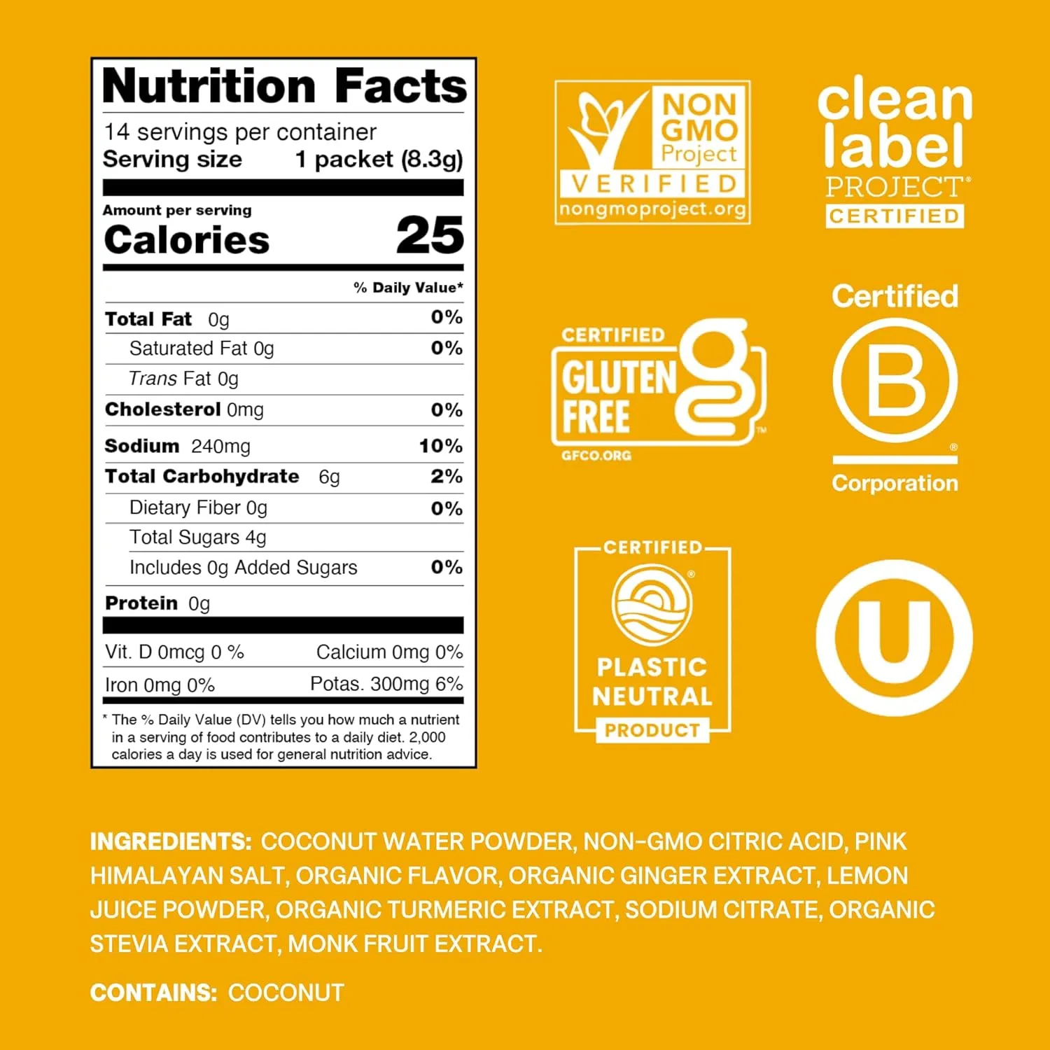 Cure Hydration | Plant-Based Electrolyte Drink Mix | No Added Sugar | FSA & HSA | Dehydration Relief Powder Made with Coconut Water | Non-GMO | Vegan | Pouch of 14 Packets - Ginger Turmeric