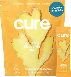 Cure Hydration | Plant-Based Electrolyte Drink Mix | No Added Sugar | FSA & HSA | Dehydration Relief Powder Made with Coconut Water | Non-GMO | Vegan | Pouch of 14 Packets - Ginger Turmeric