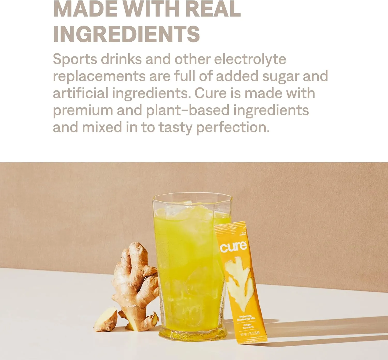 Cure Hydration | Plant-Based Electrolyte Drink Mix | No Added Sugar | FSA & HSA | Dehydration Relief Powder Made with Coconut Water | Non-GMO | Vegan | Pouch of 14 Packets - Ginger Turmeric