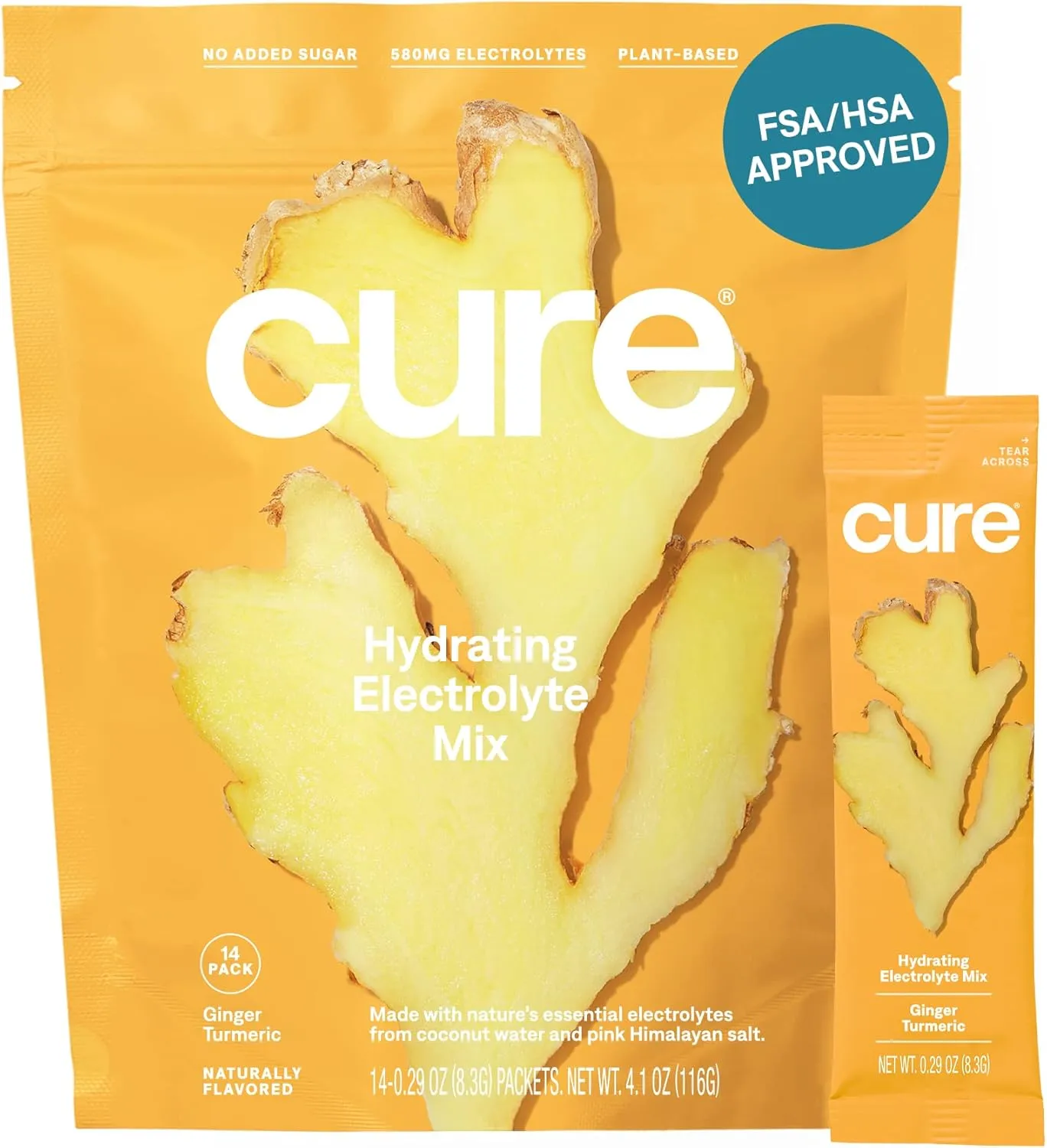 Cure Hydration | Plant-Based Electrolyte Drink Mix | No Added Sugar | FSA & HSA | Dehydration Relief Powder Made with Coconut Water | Non-GMO | Vegan | Pouch of 14 Packets - Ginger Turmeric
