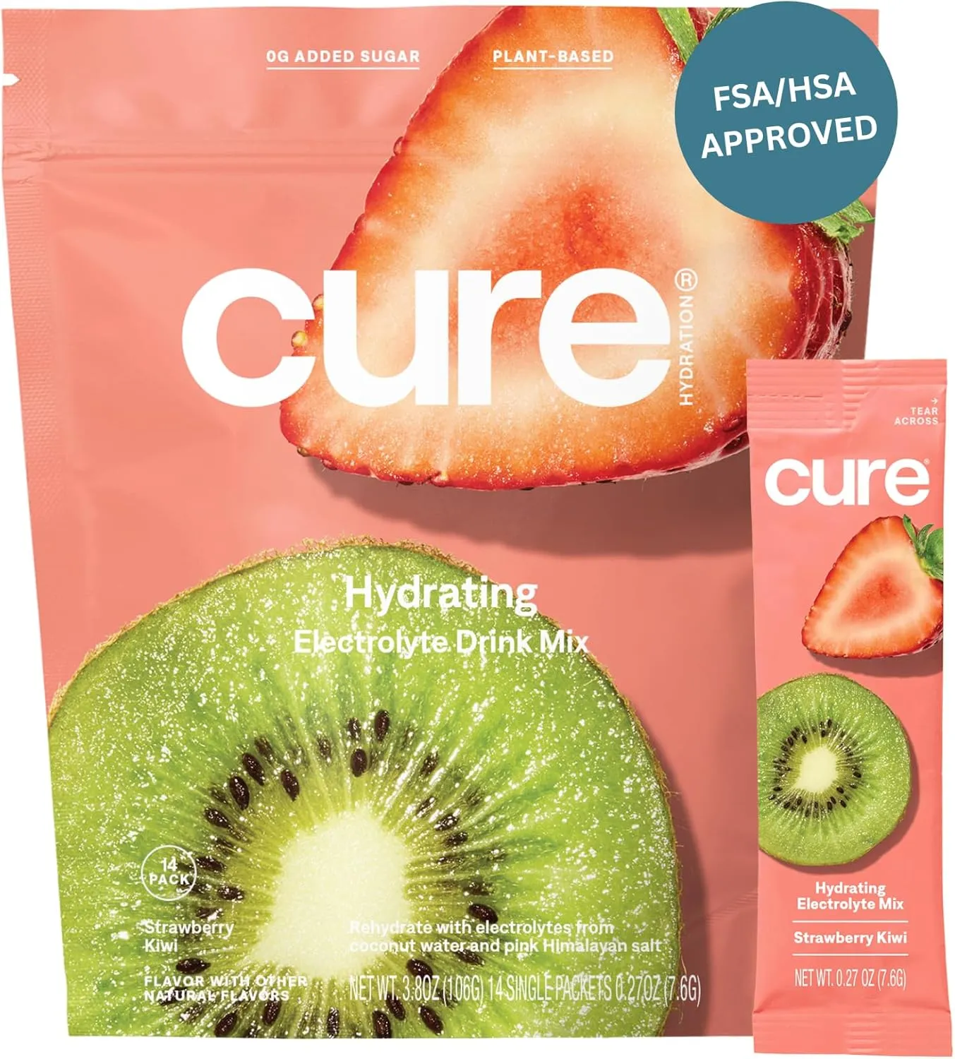 Cure Hydration | Plant-Based Electrolyte Drink Mix | No Added Sugar | FSA & HSA | Dehydration Relief Powder Made with Coconut Water | Non-GMO | Vegan | Pouch of 14 Packets - Strawberry Kiwi