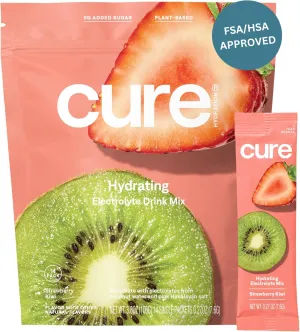 Cure Hydration | Plant-Based Electrolyte Drink Mix | No Added Sugar | FSA & HSA | Dehydration Relief Powder Made with Coconut Water | Non-GMO | Vegan | Pouch of 14 Packets - Strawberry Kiwi