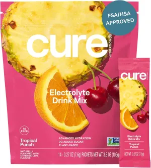 Cure Hydration | Plant-Based Electrolyte Drink Mix | No Added Sugar | FSA & HSA | Dehydration Relief Powder Made with Coconut Water | Non-GMO | Vegan | Pouch of 14 Packets - Tropical Punch