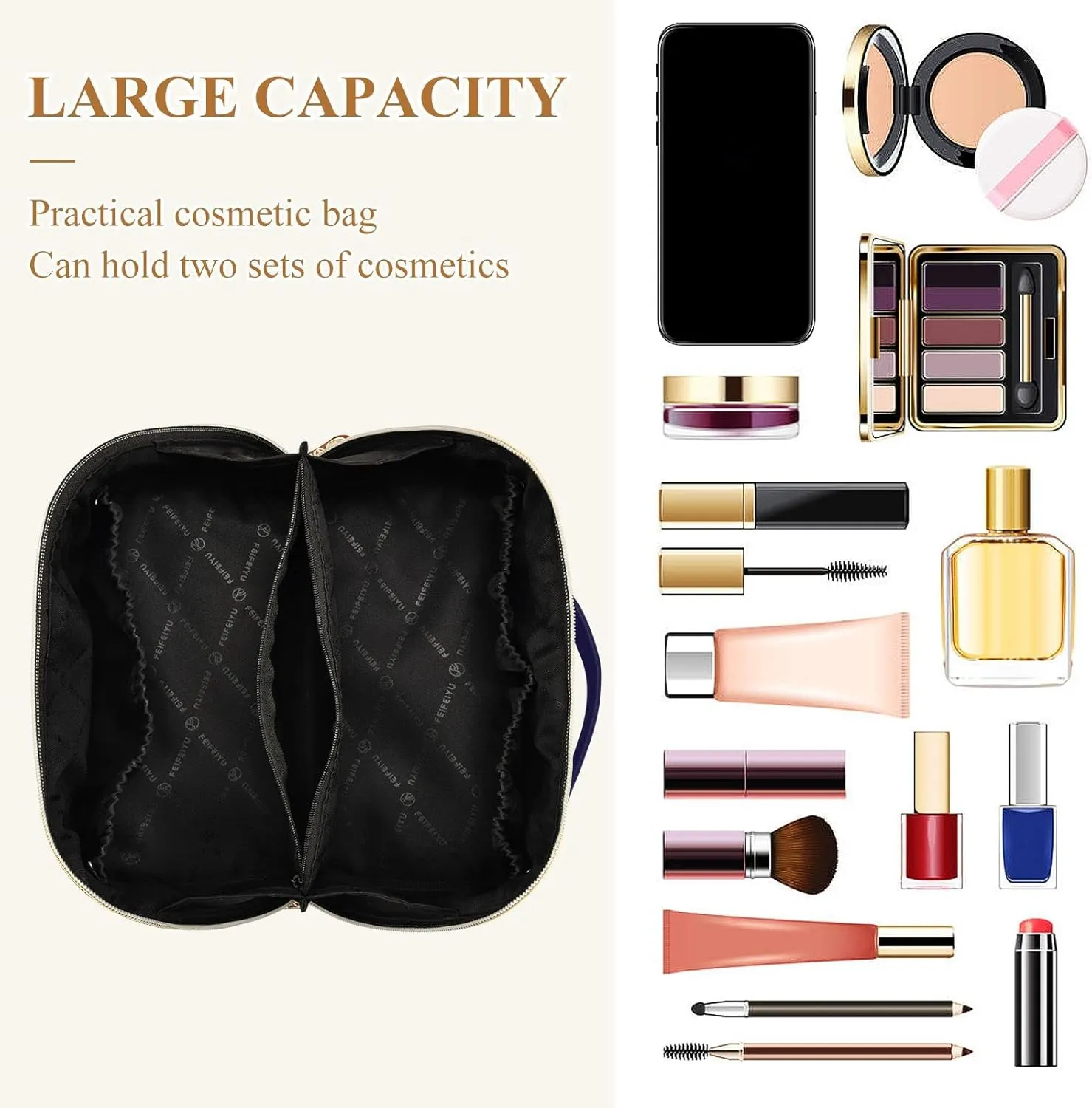 Cute Pink Flamingo Large Capacity Cosmetic Bag Travel Makeup Bags with Large Opening and Handle Twill Cosmetic Organizer for Women