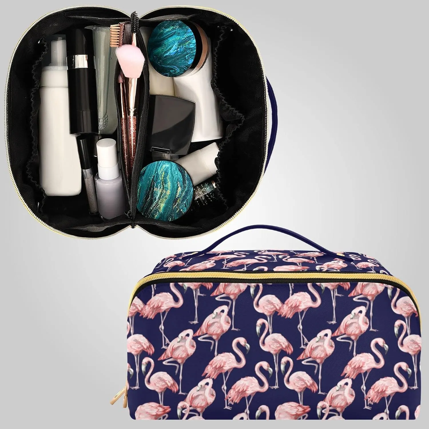 Cute Pink Flamingo Large Capacity Cosmetic Bag Travel Makeup Bags with Large Opening and Handle Twill Cosmetic Organizer for Women