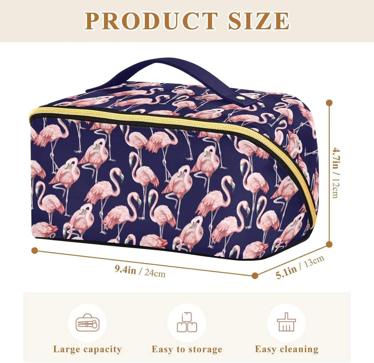 Cute Pink Flamingo Large Capacity Cosmetic Bag Travel Makeup Bags with Large Opening and Handle Twill Cosmetic Organizer for Women