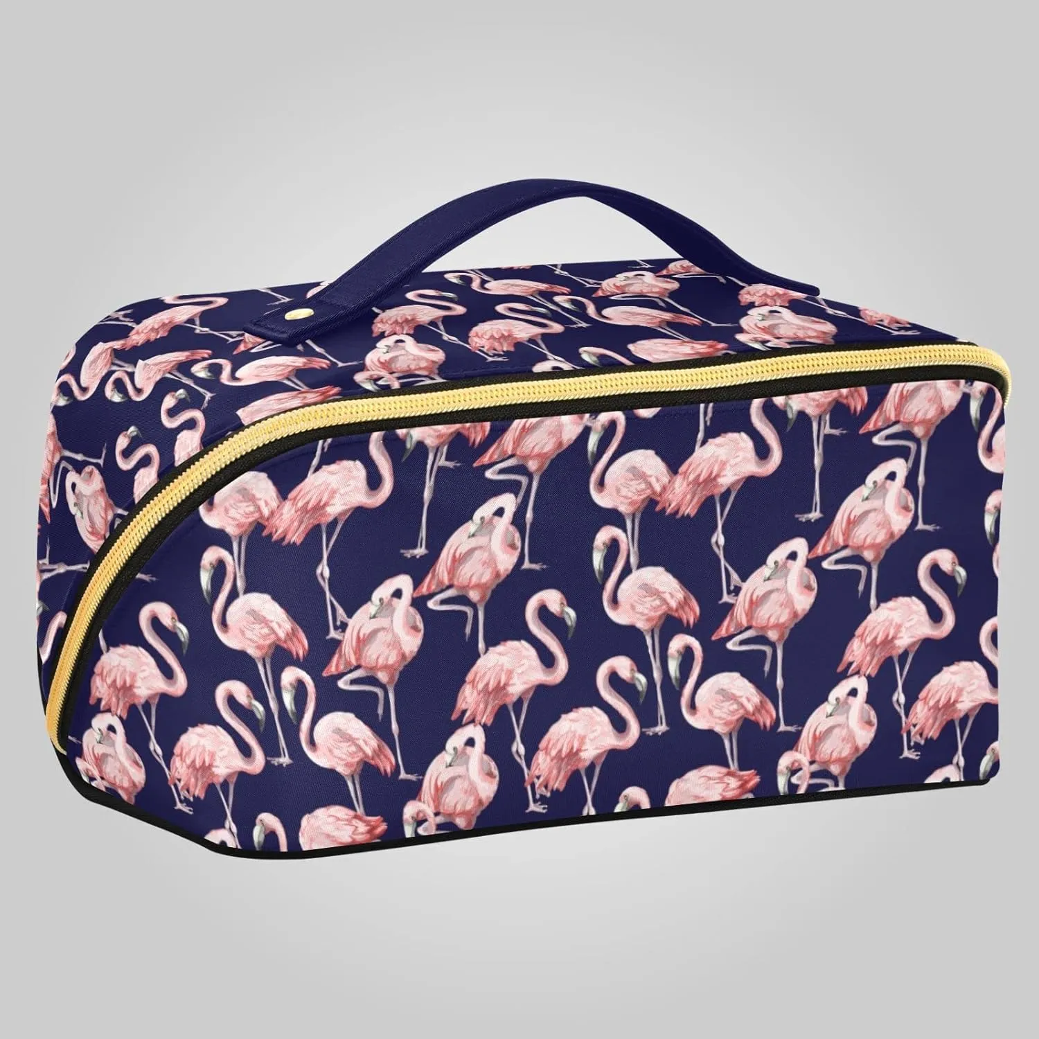 Cute Pink Flamingo Large Capacity Cosmetic Bag Travel Makeup Bags with Large Opening and Handle Twill Cosmetic Organizer for Women